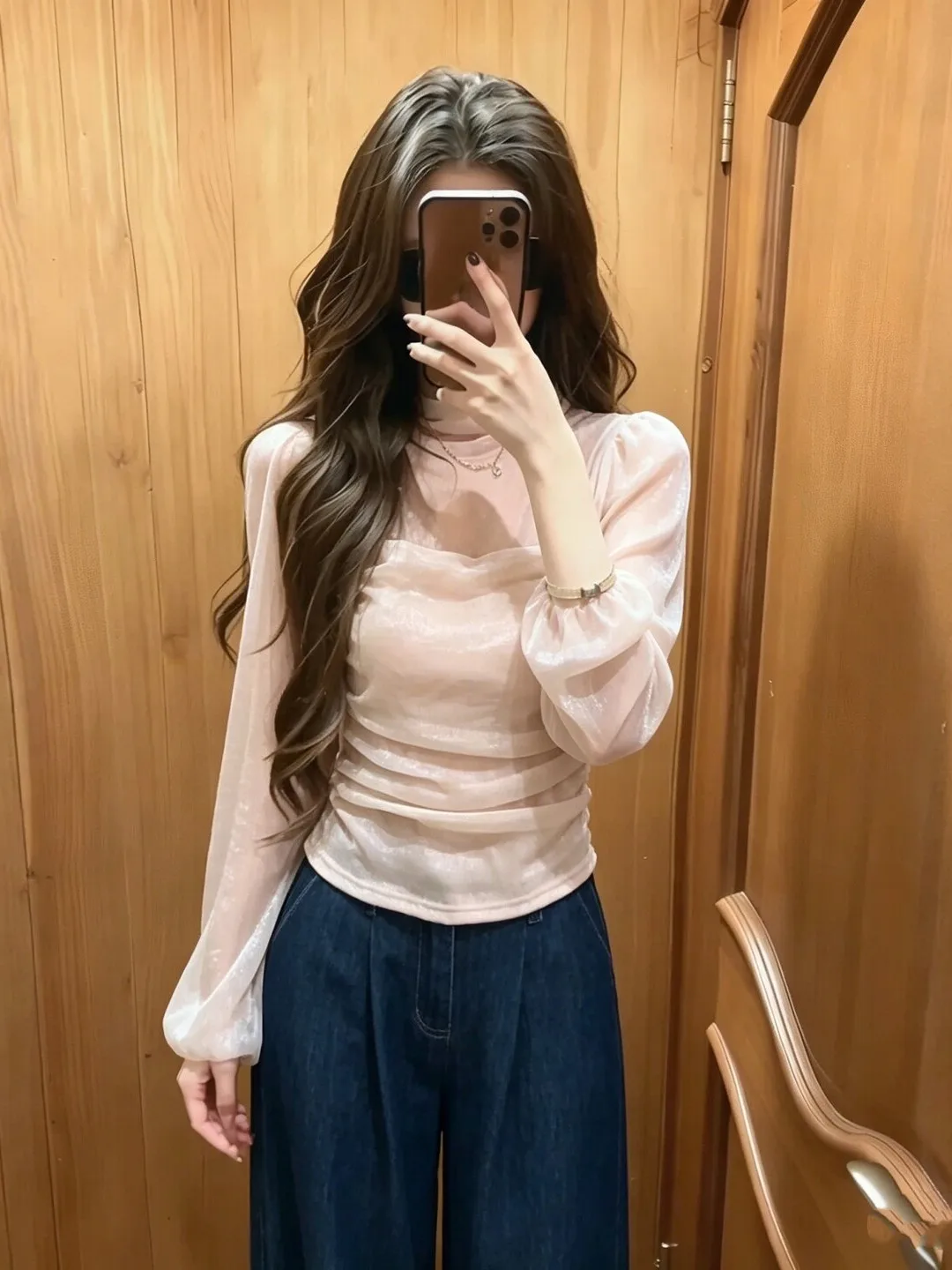 

Elegant Summer Long Sleeve Mesh Shirt Women's Slim Fit Gauze Blouse Half High Collar Draped Thin Top Gentle Wind Style Citywalk