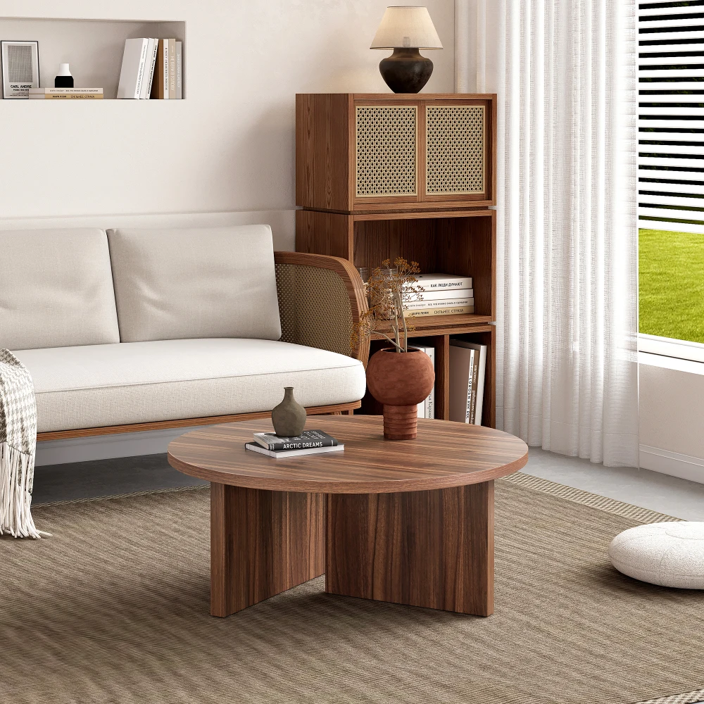 31.5*31.5*13.98 Inches Versatile Walnut-Finished MDF Round Coffee Table, Tea Table, Sofa Table, for Diverse Interior Styles