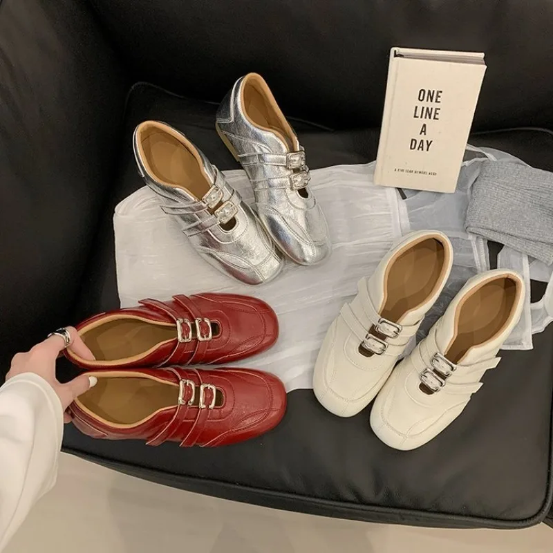 Fashion Women Round Toe Double Metal Buckle Flat Loafers Soft Faux Leather Casual Daily Commuter Walking Shoes Ladies Red Beige view 3