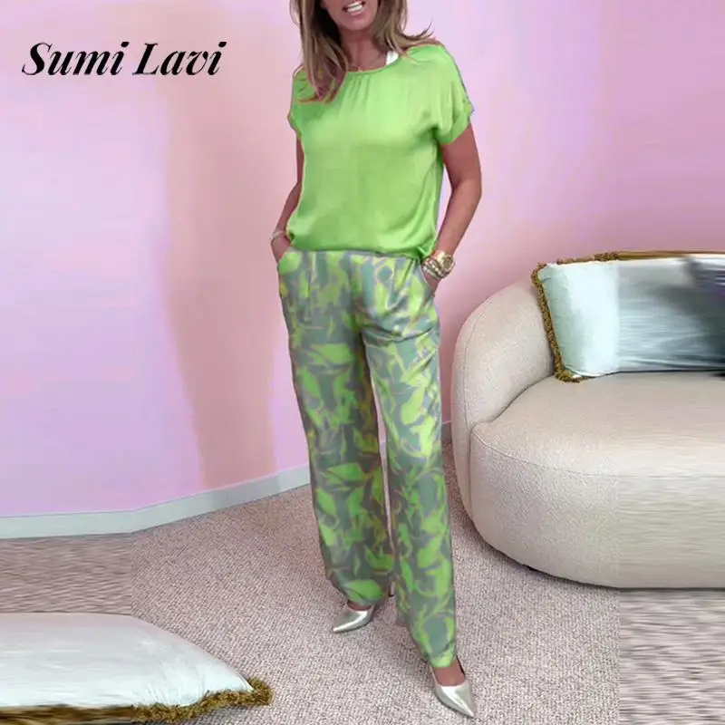 

Elegant O-neck Pullover Top & Long Pant Suit Women Casual Short Sleeve Loose 2Pc Outfits 2025 Fashion Pattern Print Homewear Set