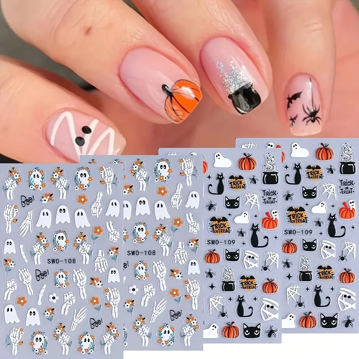 4 Sheets 5D Embossed Halloween Nail Art Stickers,Cute Pumpkin Skeleton Black Cat Nail Decals,Nail Decor for Women DIY Manicure