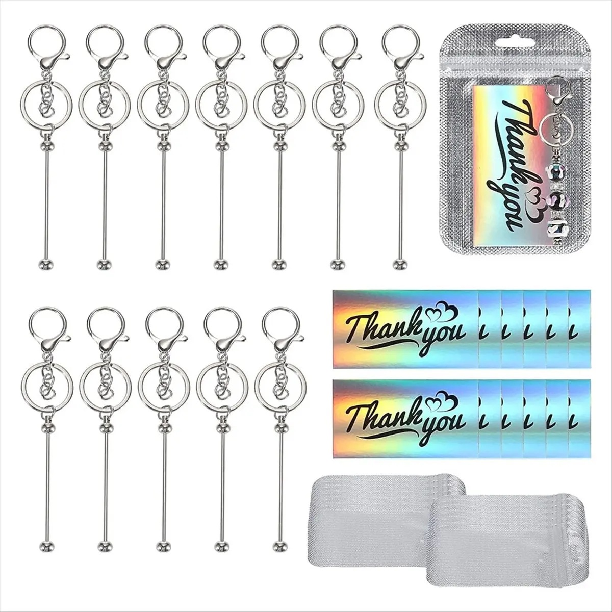 【BIG-SALE】12 Set Beadable Keychain Making Kit Metal Beaded Keychain Kit, Sublimation Keychain Blanks for DIY Crafts Making Gift