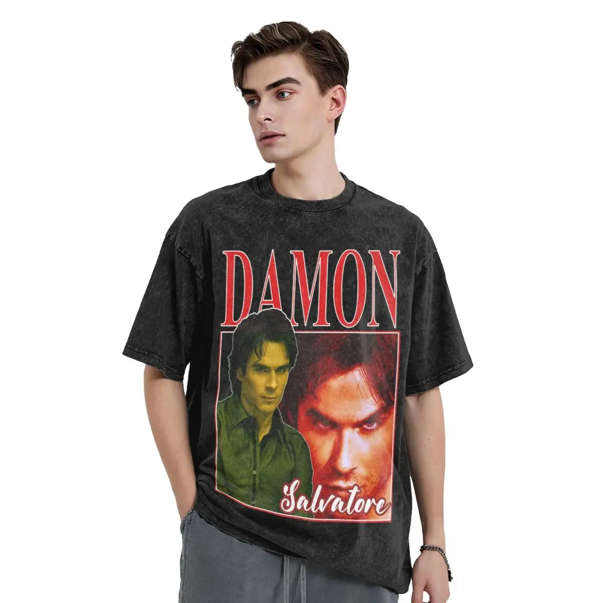 Damon Salvatore T Shirt Hip Hop Washed 100% Cotton T-Shirts The Vampire Diaries Ian Somerhalder Men Women Tops Streetwear Tees