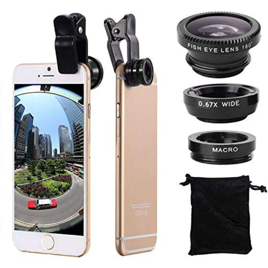 

3 in 1 Cell Phone Camera Lens Kit Wide Angle Macro Fisheye Lens for Smart Phones iPhone S Android Black Premium Optical Quality