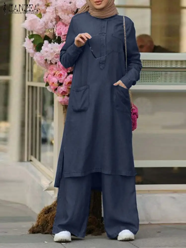 

Muslim 2-piece Sets Fashion Long Sleeve Blouse Suit Tracksuits ZANZEA Vintage Denim Pant Sets Matching Sets Loose Work Outfits