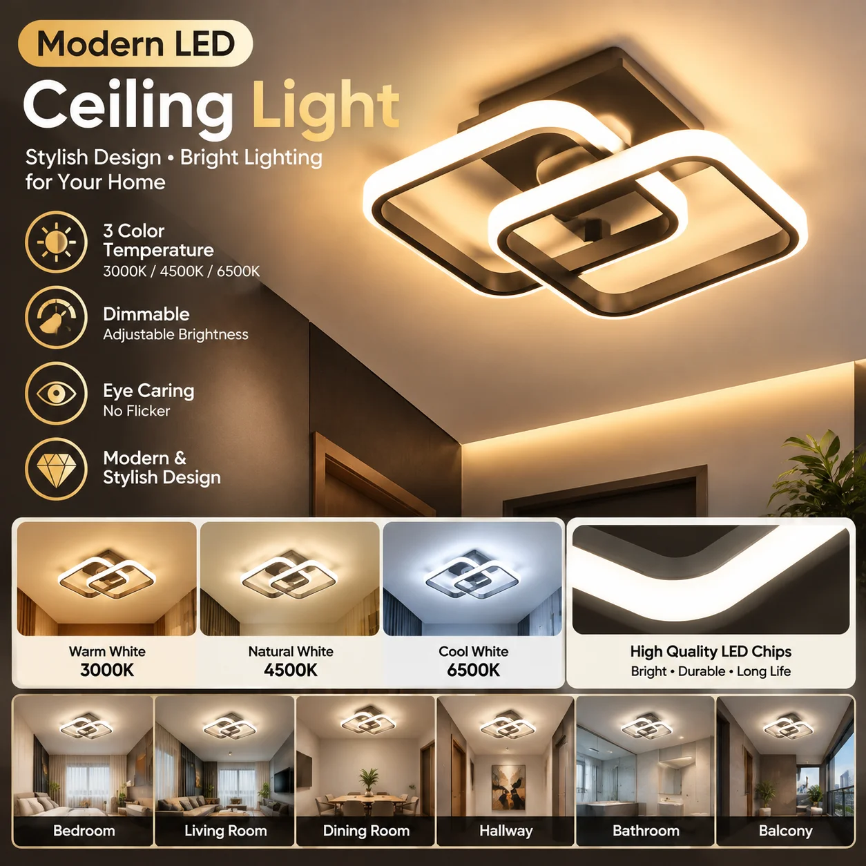 LED-Gang-Deckenleuchten, moderner Kronleuchter, dreifarbige Lampe, minimalistische Lampen für die Installation von Lichtoberflächen im Schlafzimmer