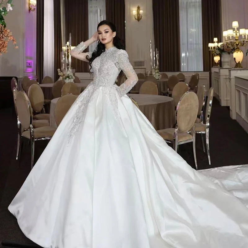 

Vintage Wedding Dress Satin With Embroider Beading Ball Gown Princess High-Neck Full Sleeve Customized Button Robe MariéE Satin