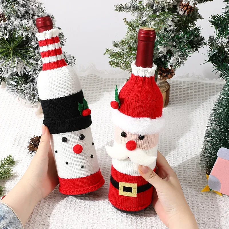 Christmas Santa Knitted Wine Bottle Case Elk Snowman Red Wine Champagne Bottle Cloth 2024 Merry Christmas Decor Happy New Year