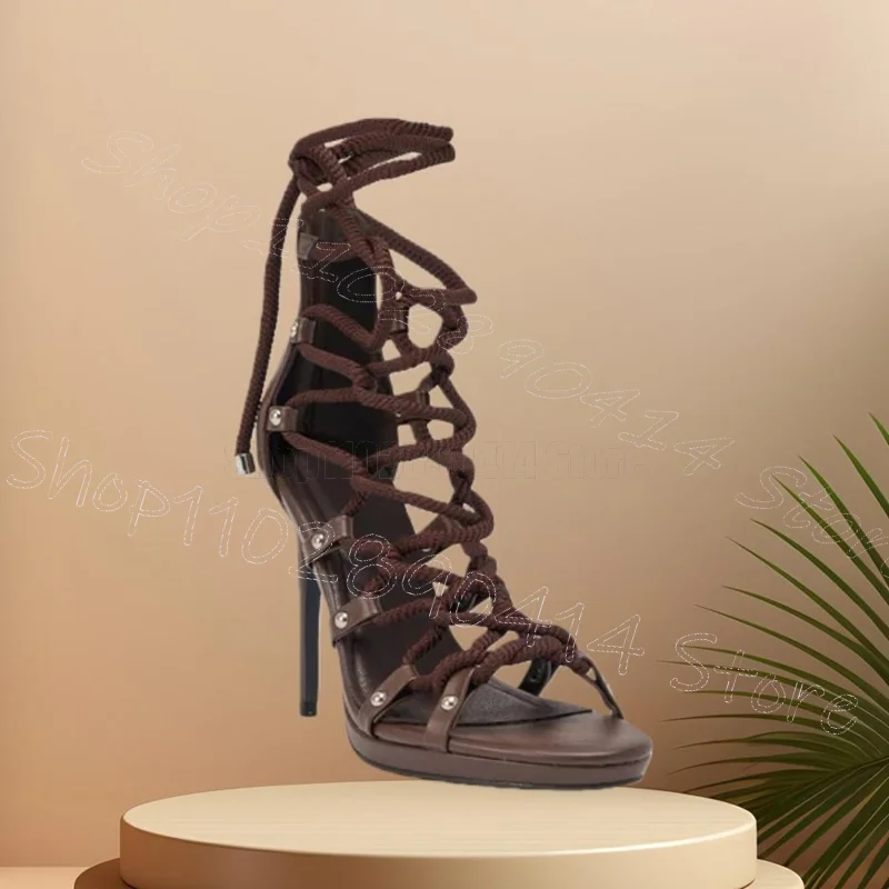 

Brown Knitted Hemp Rope Open Toe Sandals Back Zipper Women Shoes Thin High Heels Party Banquet Dating 2026 Zapatos Para Mujere