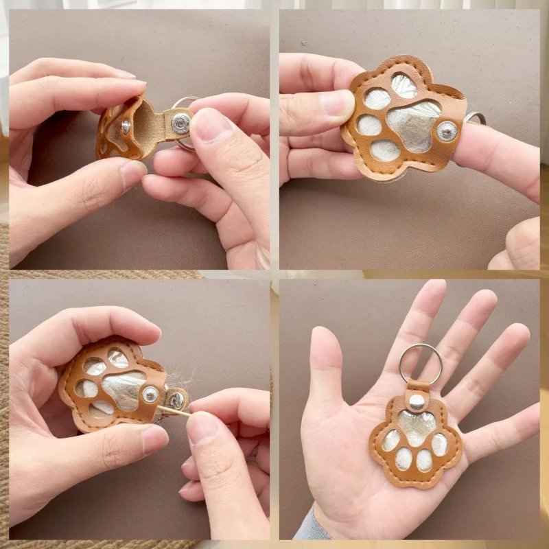 Sac de rangement de cheveux d'animaux de compagnie commémoratif en cuir, porte-clés patte de chat fait à la main, porte-clés commémoratif pour animaux de compagnie