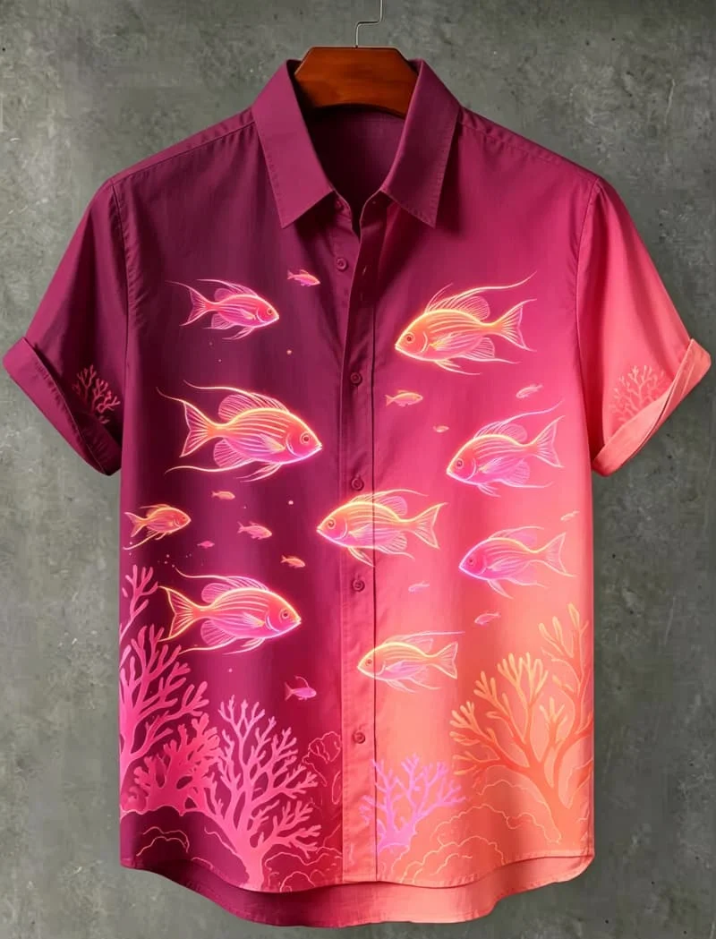 Marine Creatures Gradient Printed Short Sleeved Shirt For men's Casual Cardigan top, Simple Marine style, For Summer Vacation