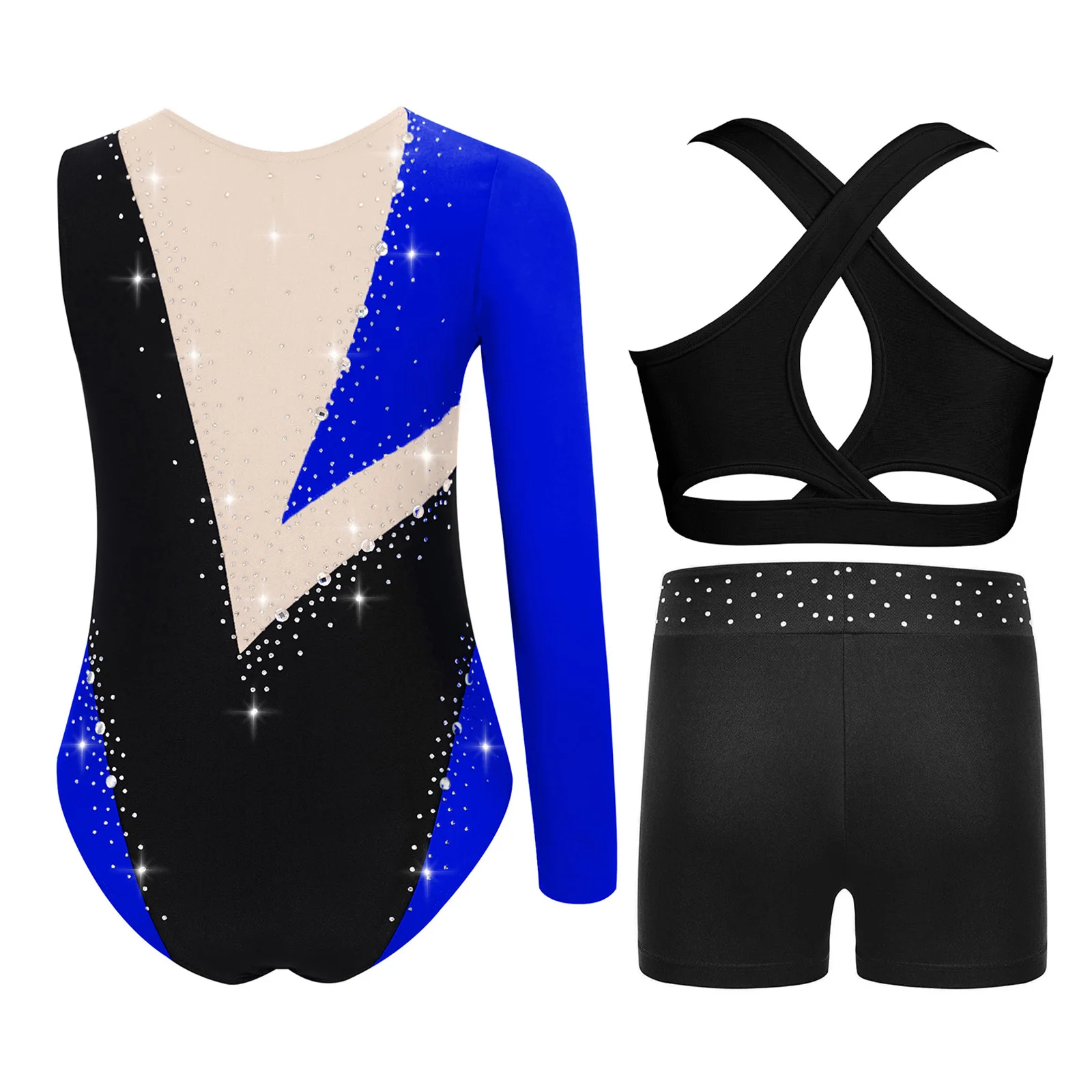 Kids Girls Gymnastics Dance Figure Skating Outfit Shiny Rhinestones Color Block Asymmetrical Leotard+Vest Crop Top+Shorts 3Pcs