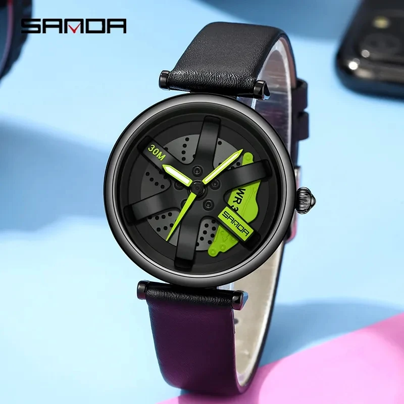 SANDA P1073 Fashion Luxury Casual Simple Ladies Daily Dress Leather Wristwatch 360 Rotating Dial Waterproof Quartz Female Clock