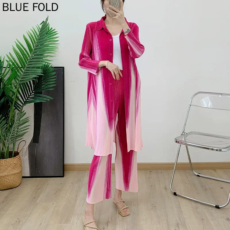 MIYAKE Spring Summer Long coat Pleated Fashionable Geometric Color Loose Slim Two-piece Extra Large Stretch Women's Suit