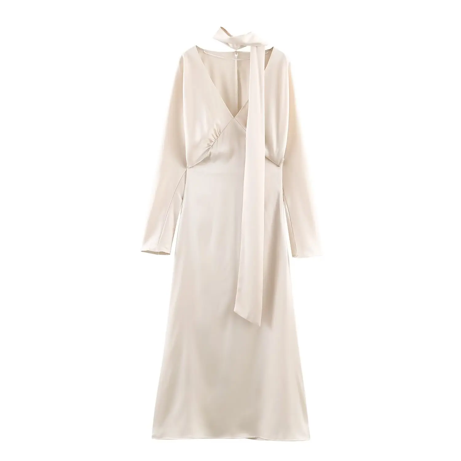 BSAY – robe écharpe en Satin pour femmes, mode automne hiver, nouvelles plis, manches longues, col en v, robes de soirée françaises