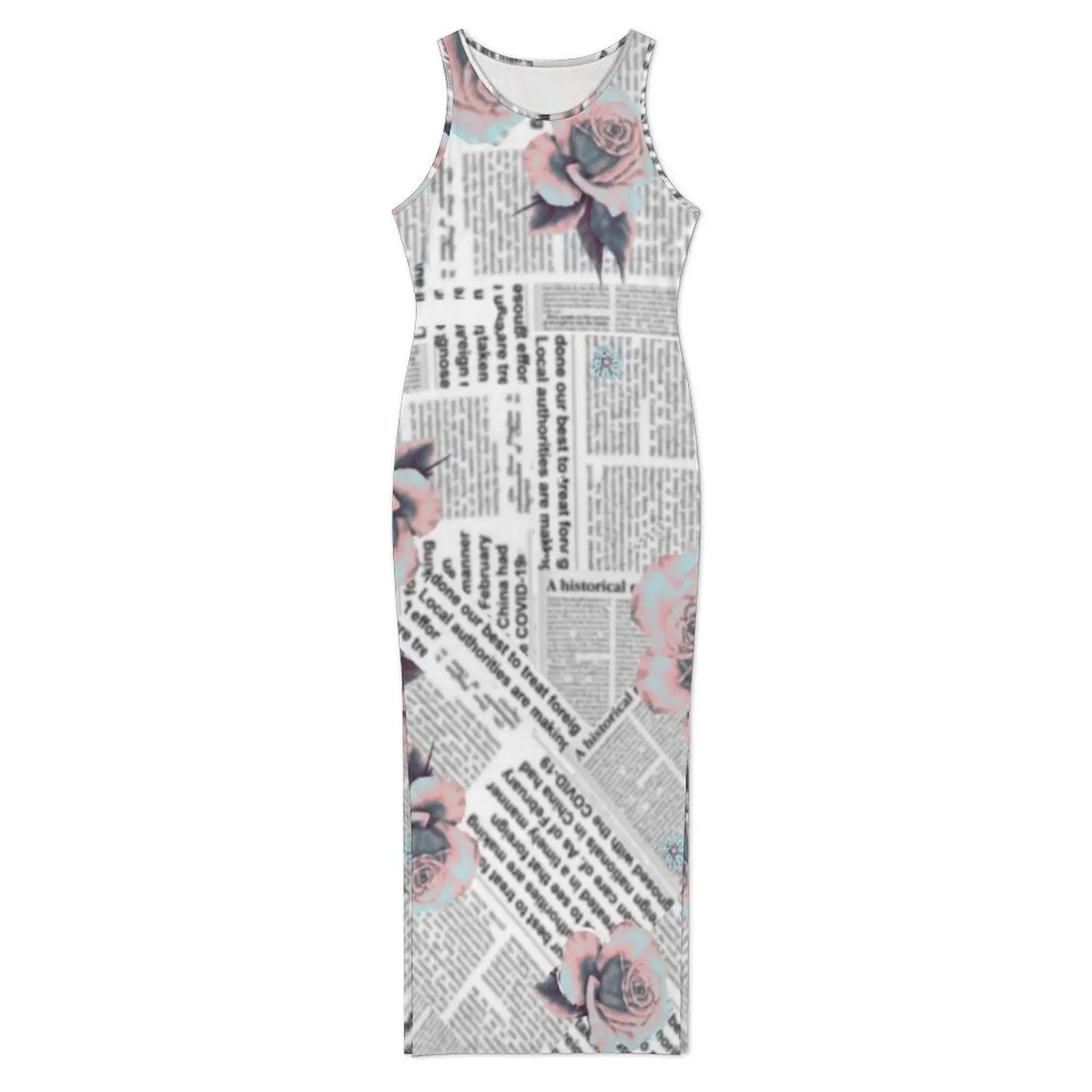 Vintage Newspaper Bodycon Dress Spring Flower Print Kawaii Maxi Dresses Woman Sleeveless Pattern Casual Y2k Dress Big Size 4XL