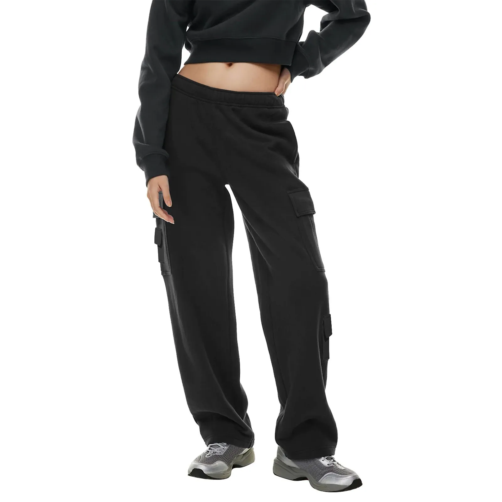 

Women’S Casual Sweatpants Straight Leg Pants With Pocket Fall Winter Daily Sports Sweatpants Solid Color Elastic Waist Trousers