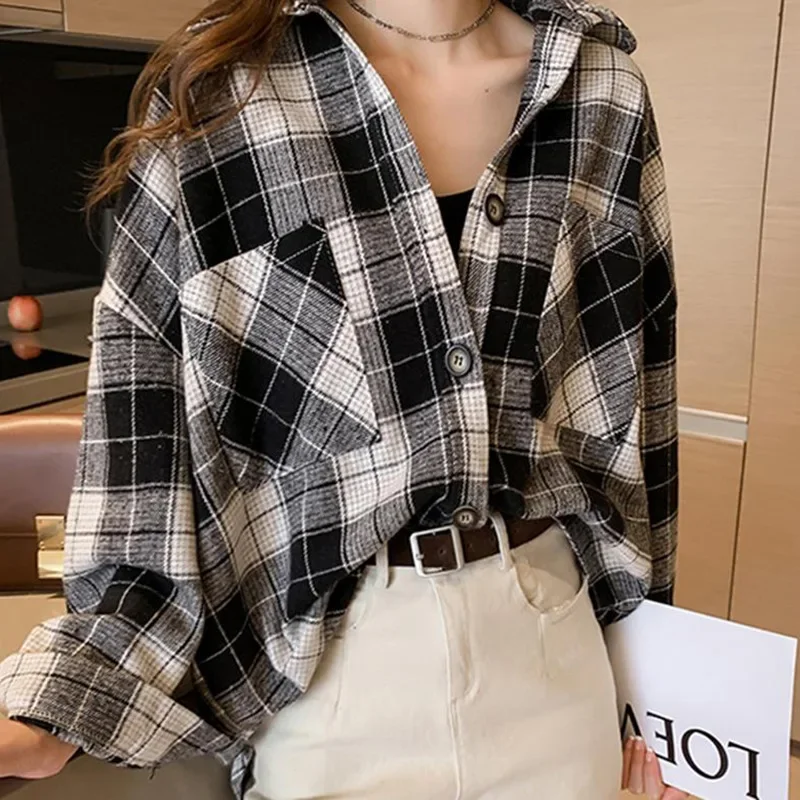 Women's Brushed Plaid Shirts Long Sleeve Flannel Lapel Button Down Cardigan Boyfriend Shacket Jacket Coats