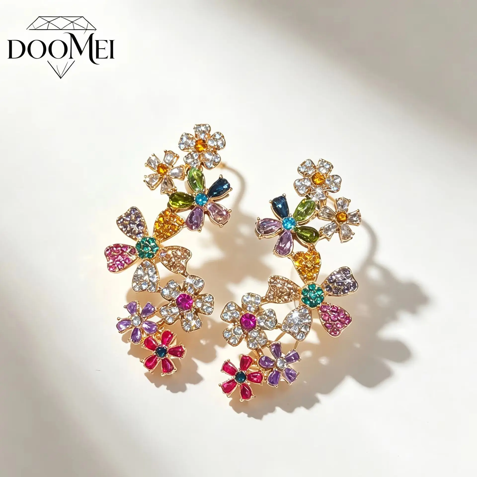 DOO MEI Glamour Multi Color Cubic Zirconia Ear Cuff Clip on Earrings for Women Flower Earrings Wedding Banquet Party Ear Jewelry