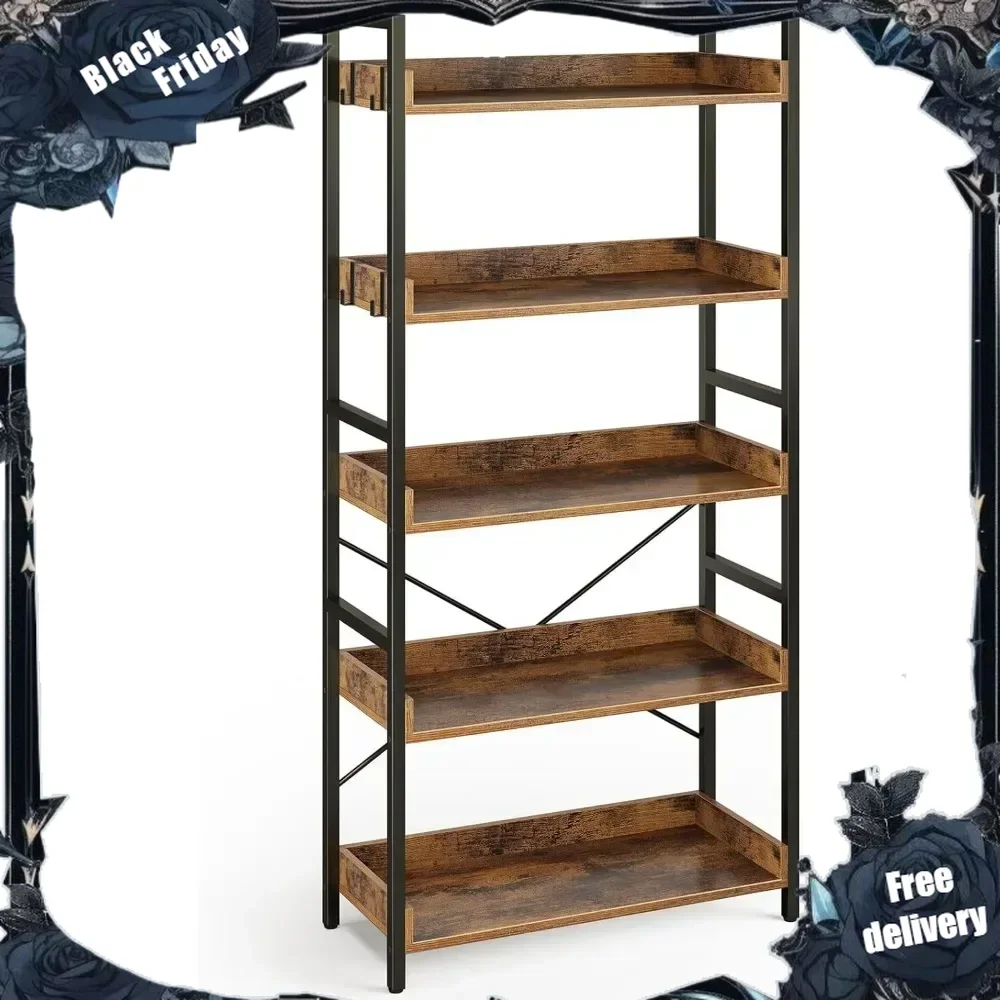 

6 Tier with 4 Hooks, Industrial Bookcase, Vintage Storage Rack with Open Shelves, Rustic Standing Bookshelves Metal Frame