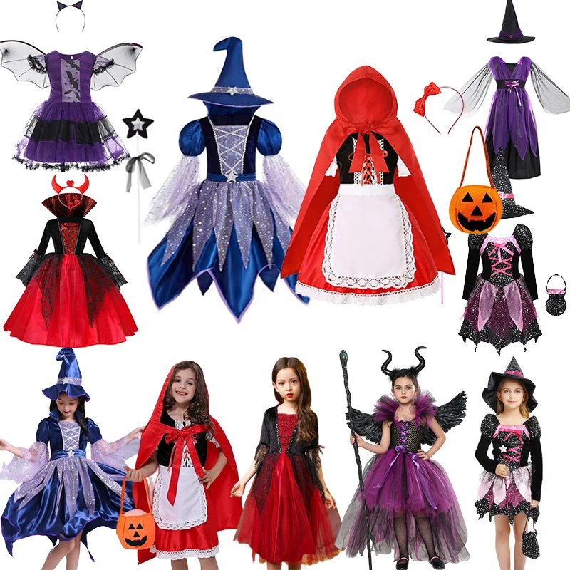 Kostum Halloween Anak-anak untuk Anak Perempuan Cosplay Penyihir Vampir Hitam Gaun Jubah Tudung Merah Kecil Pakaian Bola Topeng Anak Laki-laki