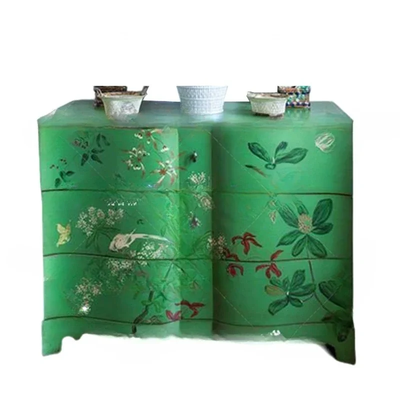 

French retro solid wood painted entrance cabinet green living room decorative cabinet locker household display cabinet