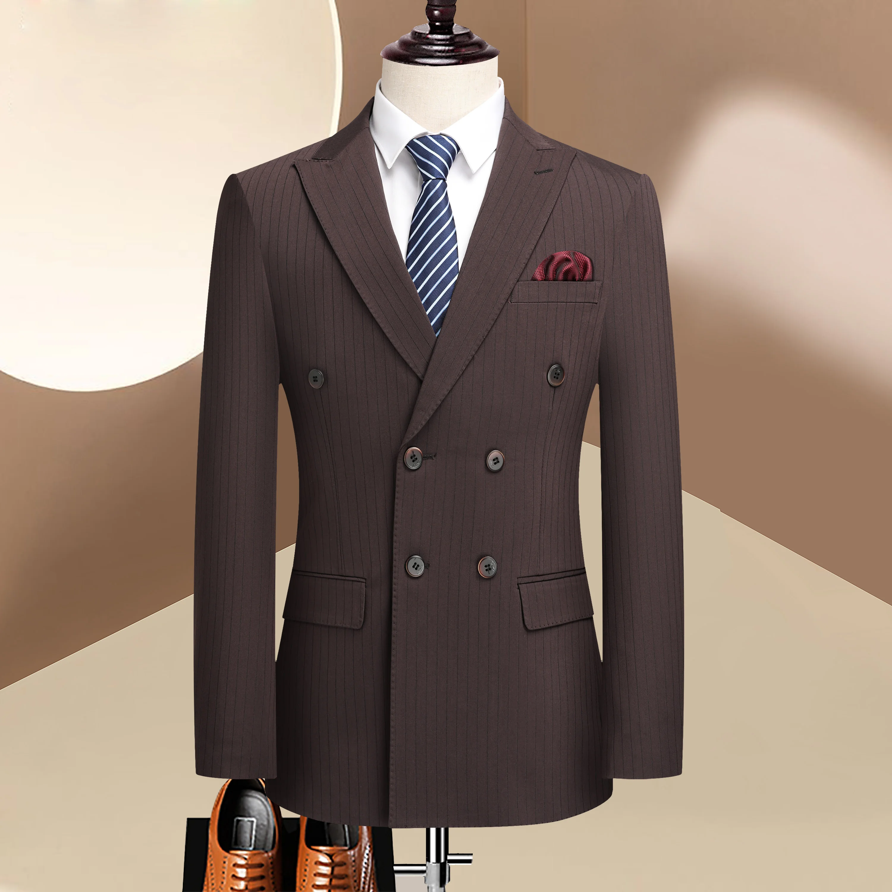 

Wedding suit men 3 Piece Striped wine red groom suit 2025 new High-end business suit set Double-breasted dress