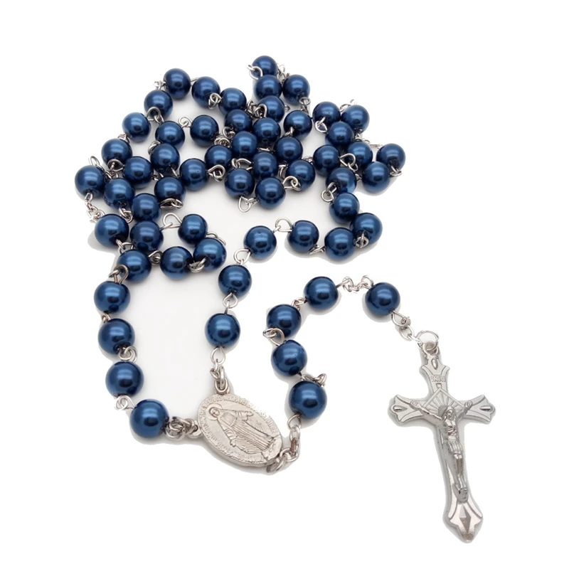 Blue Glass Imitation Pearl Jesus Cross Rosary Pendant Necklace Long Jewelry Religious