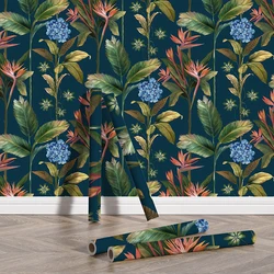 Papel tapiz Floral de bosque lluvioso Tropical, vinilo impermeable de pelar y pegar, decoración de pared, hojas azules, pegatina extraíble para armario