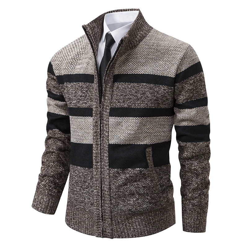 2024 Winter Warm Cardigan Sweater Men Color-blocking Zipper Jacket Casual Stand-collar Knitted Cardigan SweaterCoat Men Clothing