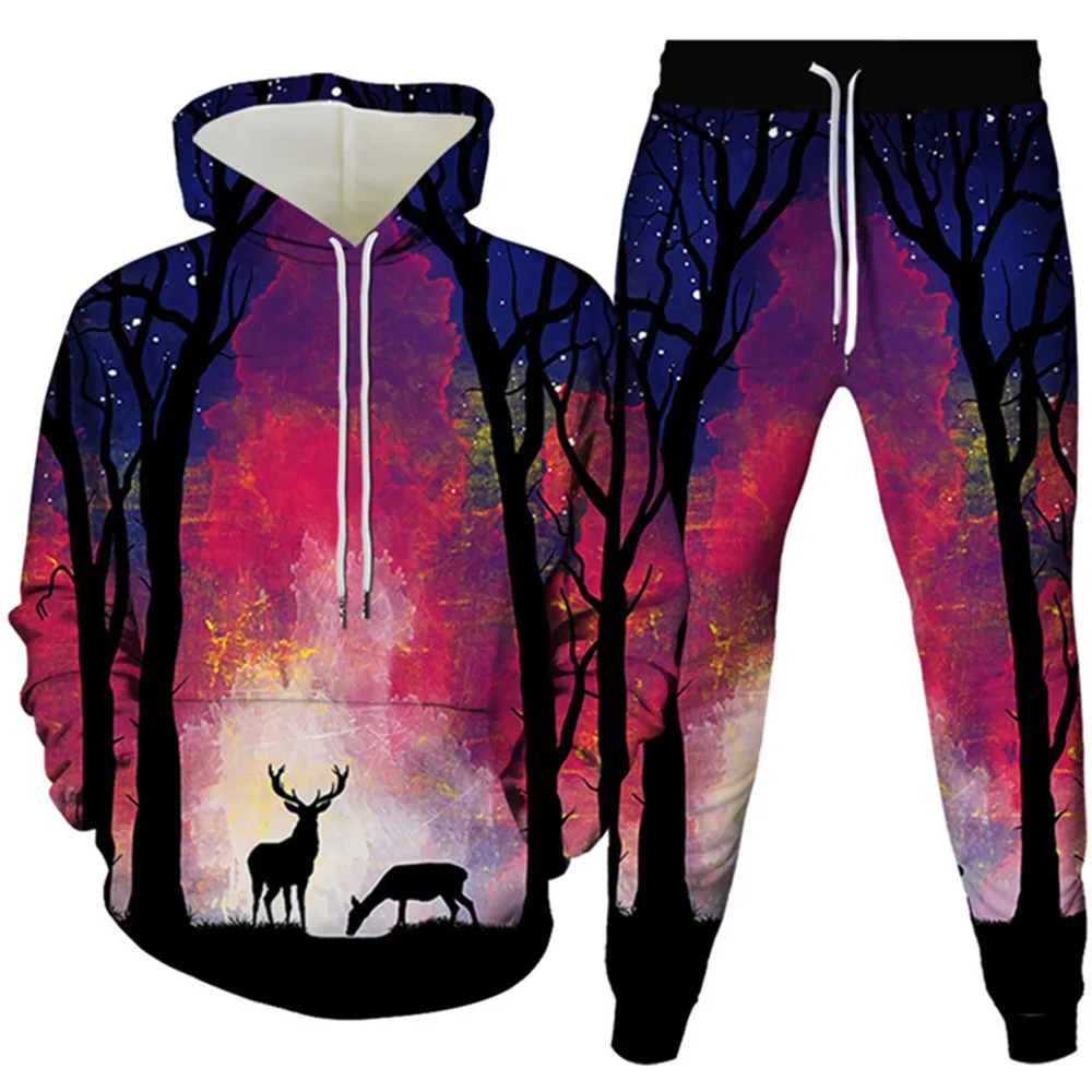 

Animal Elk Deer Forest Astronaut Costume Homme 2 Piece Harajuku Galaxy Tracksuit Men Clothes Set Hoodie+Trouser Suit Size S-6XL