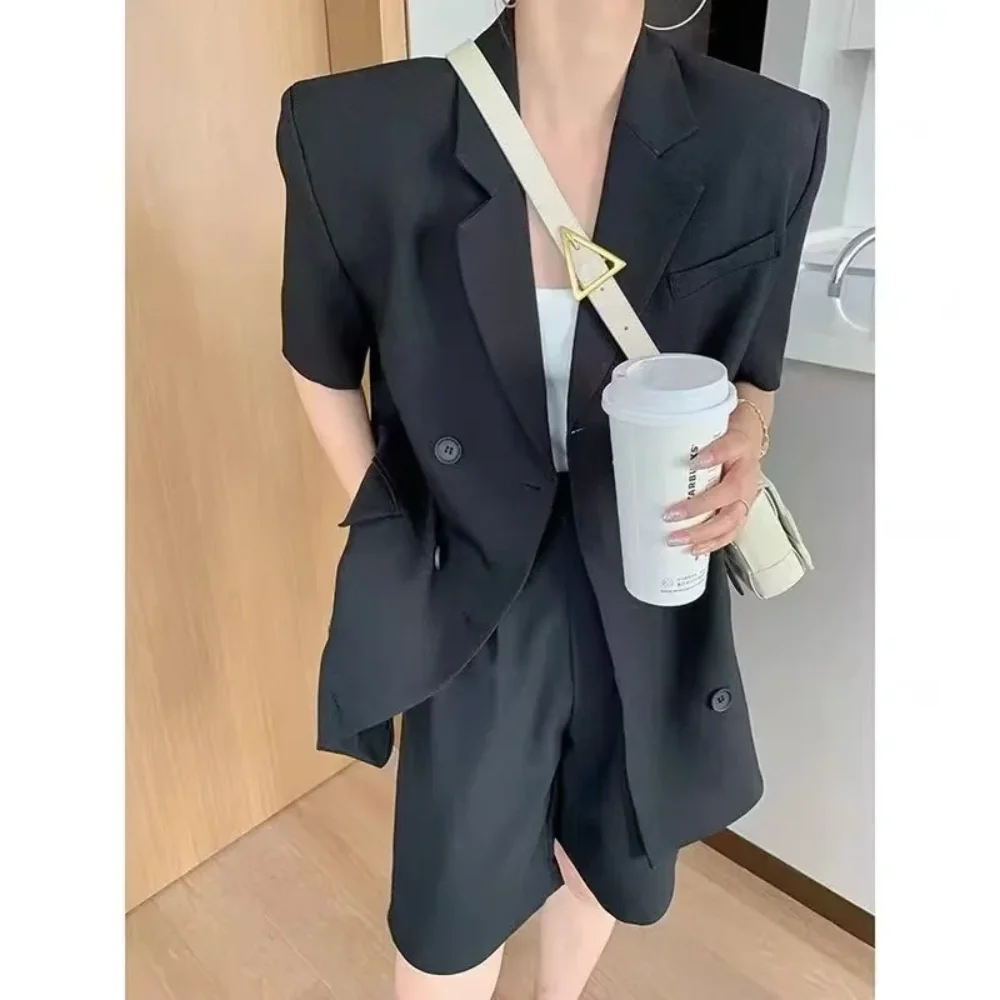 PB&ZA 2024 Spring New Women\'s Fashion Style Versatile Casual Loose Double breasted Suit+Shorts Set