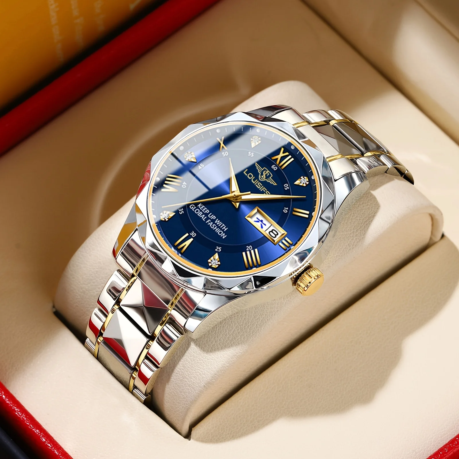 Orologio da polso da uomo alla moda con data e settimana, orologio da uomo in acciaio inossidabile, impermeabile, luminoso, da lavoro, semplice, al quarzo da uomo + scatola