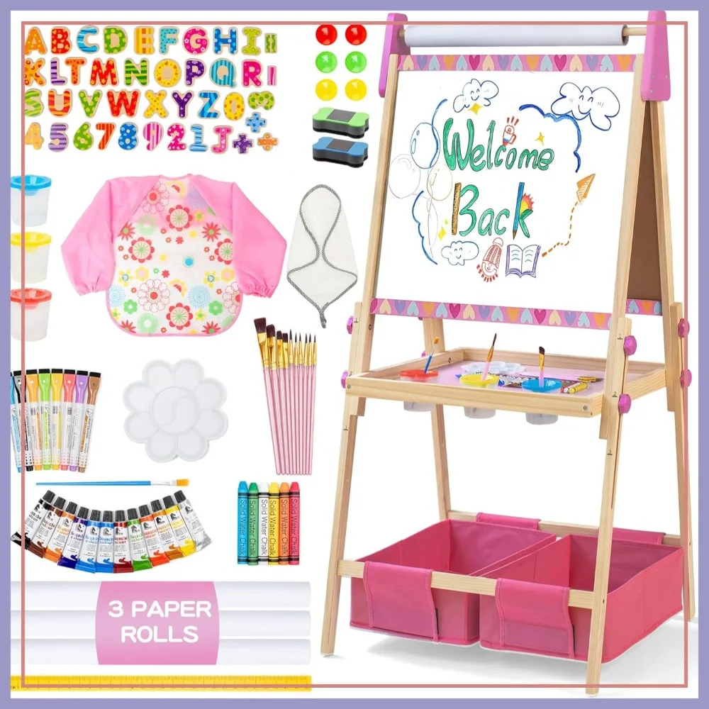 

3-in-1 Adjustable Art Easel: Magnetic Whiteboard, Chalkboard & 3 Paper Rolls, Double Sided Wooden Easel with Accessories Ages 3+