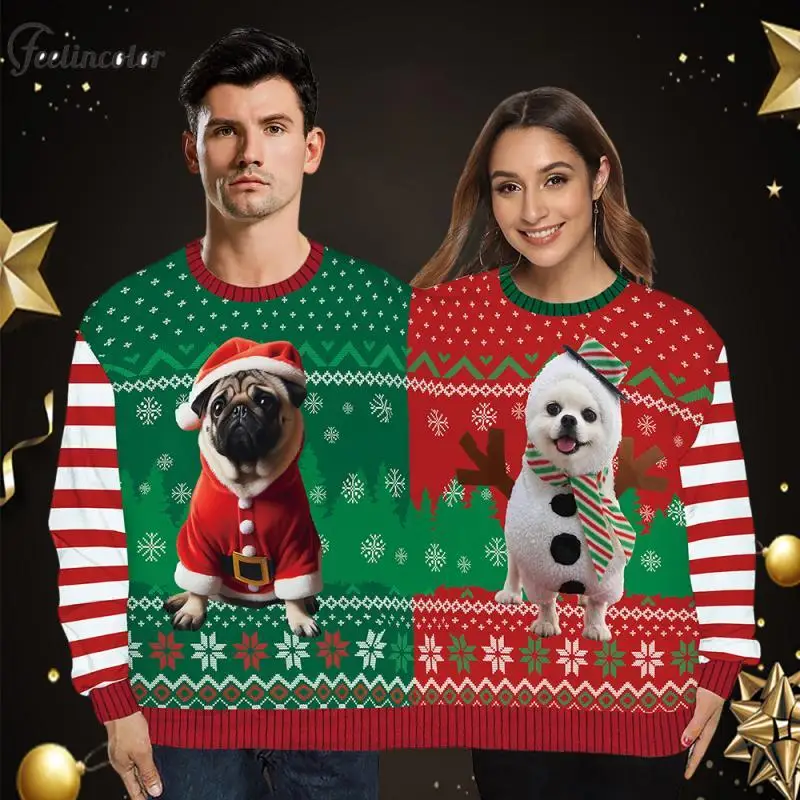 

Two Person Ugly Christmas Sweatshir Puppy Red White Stripes Graphic Pullover Autumn Winter Hoodies Funny Men Women Clothing