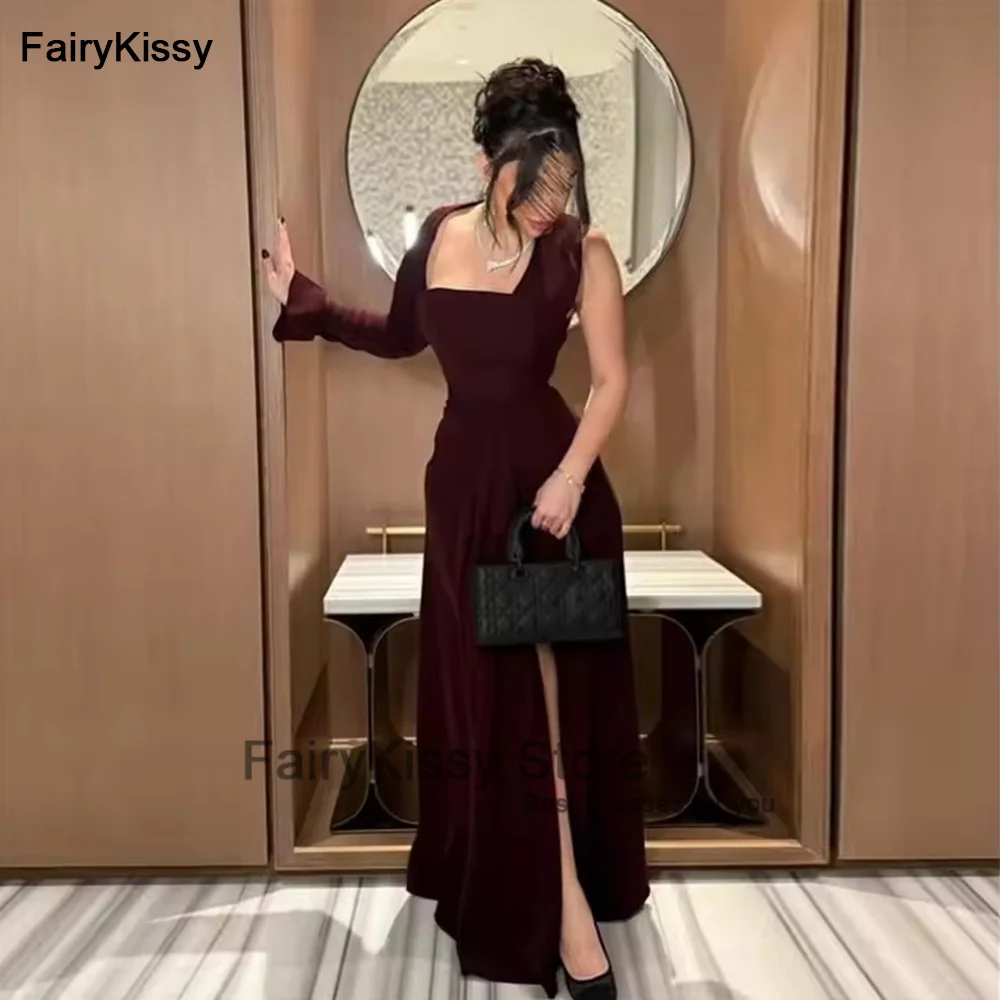 

FairyKissy Long Sleeves Prom Dresses Square Neck Floor Length Side Split Pleated Formal Party Dresses Evening Dresses