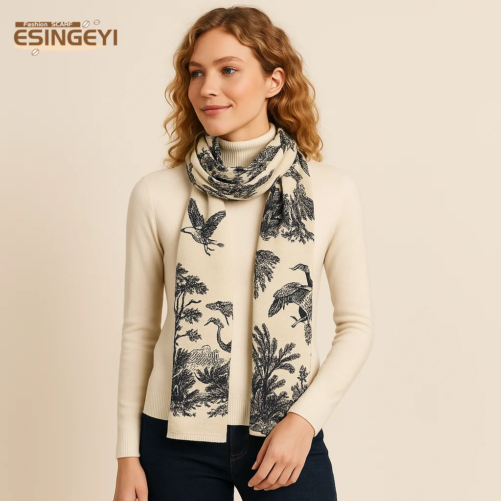 

ESINGEYI 2025 Winter Scarves Woman Foulards Femme Scarf Imitation Cashmere animal crane bird pashmina Shawl Muffler Tippet