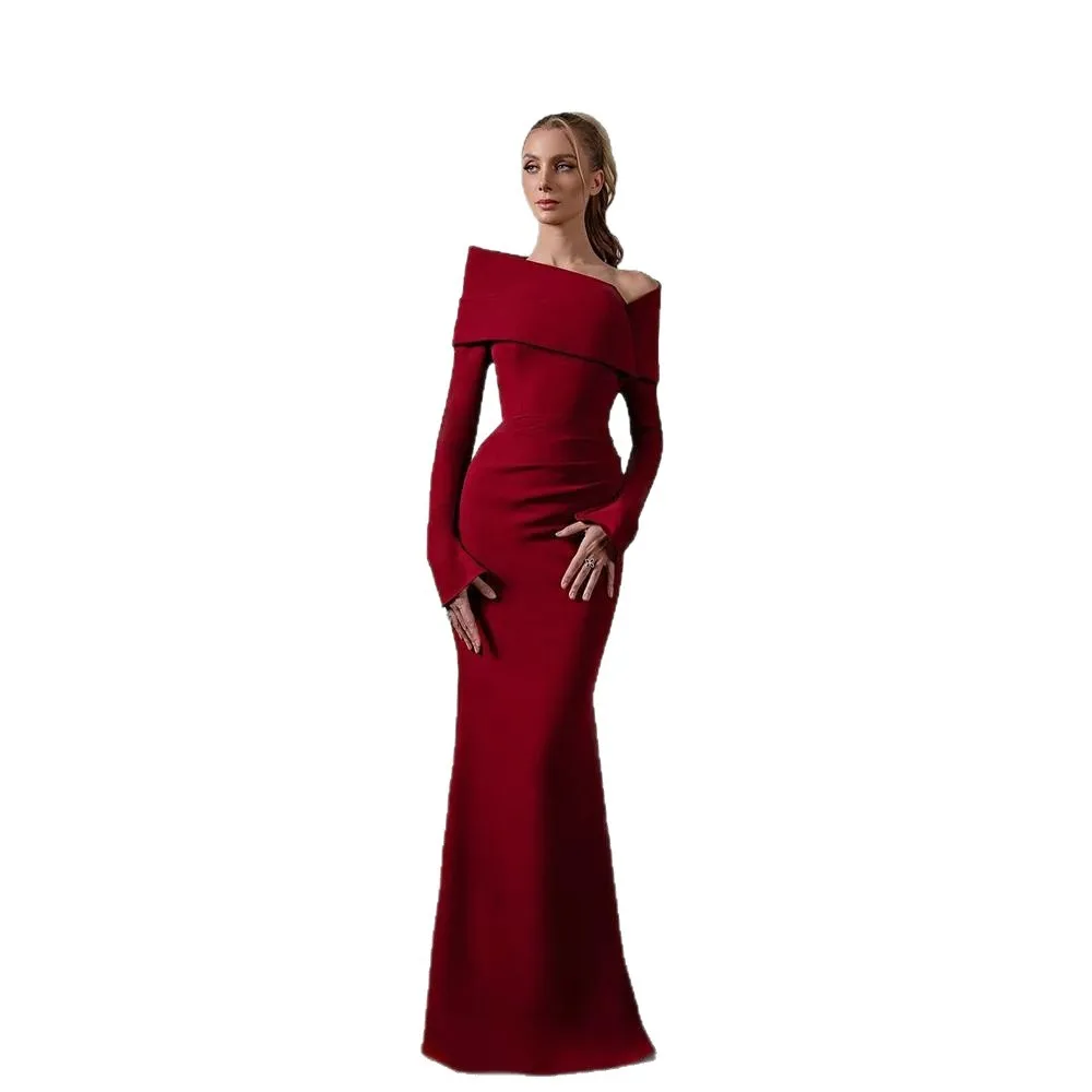 

Wine Red Long Sleeve Slim Fit Fish Tail Evening Gown Formal Ceremony Cross-Border Ball Dress Elegant Simple New Style Long Skirt