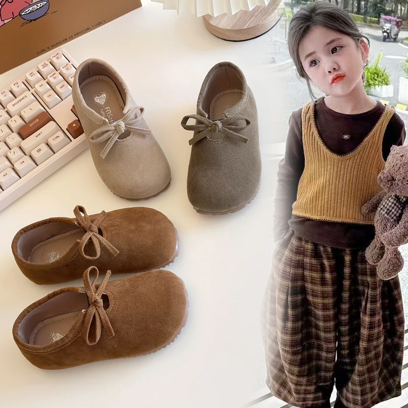 New Children Girl Suede Leather Shoes with Butterfly-knot Flats Loafers for Kids Girls Daily Student Slip On Casual Shoes