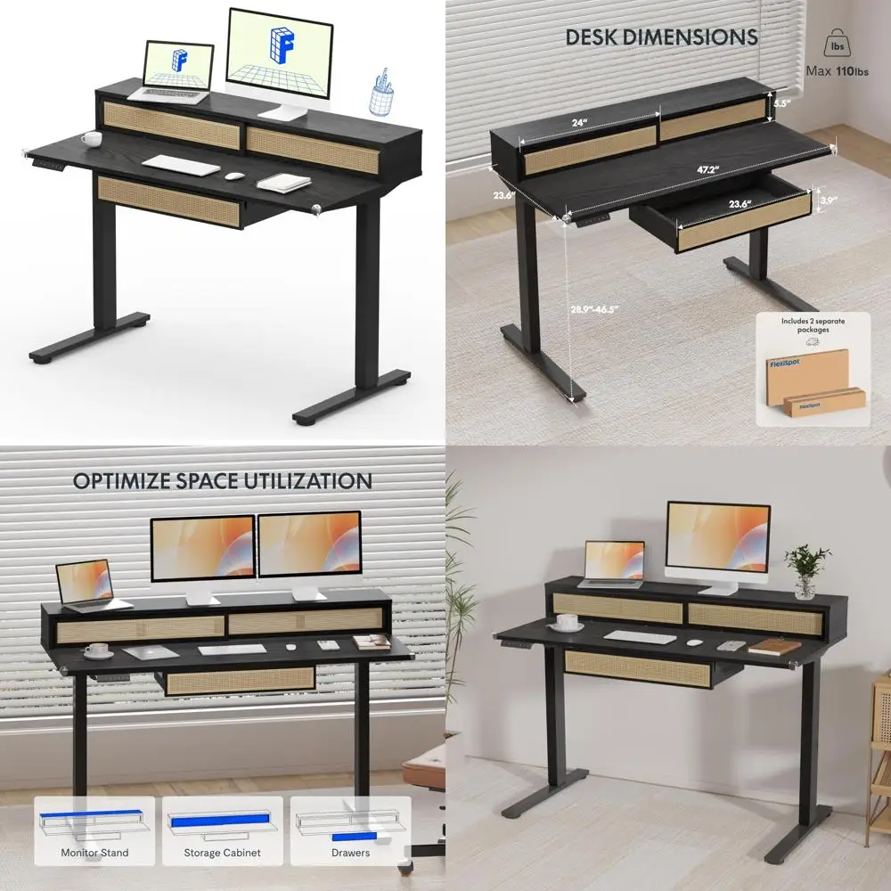 

One-Piece Electric Adjustable Height Desk with Rattan Drawers, 48 x 24, Stand Up Table with Monitor Shelf