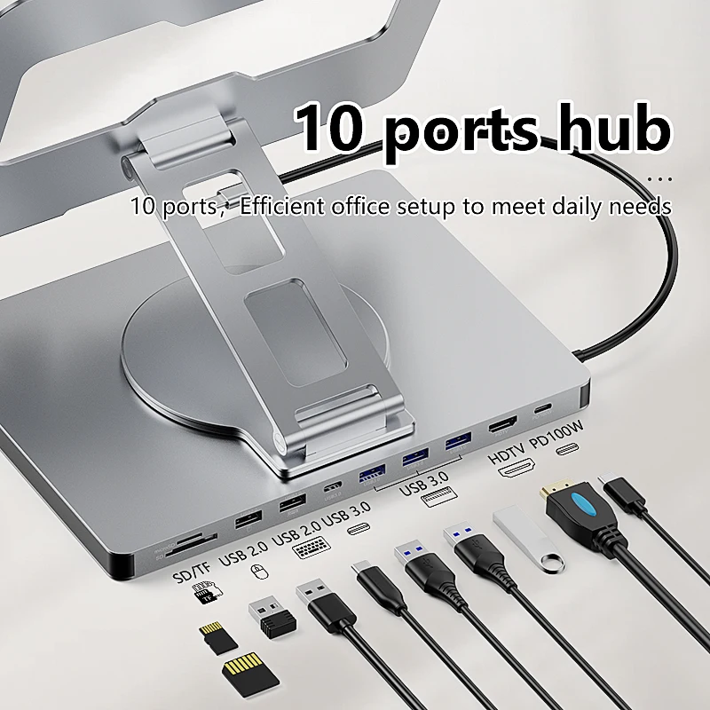 Blauwloze Aluminium Ipad Houder 10 In 1 Docking C Hub 4K 60Hz Type C Adapter Usb3.0 5Gbps 100W Pd Oplader Voor Laptop Desktop