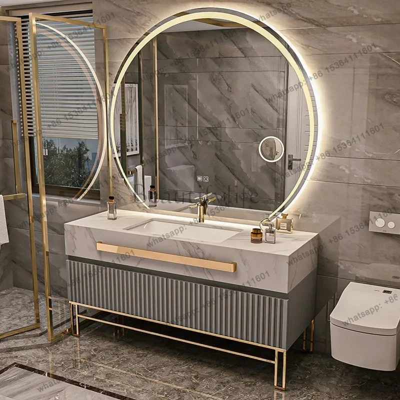 

Aesthetic Double Sink Bathrooms Vanity Luxury Bathroom Cabinet Combination Rock Slab Smart Modern