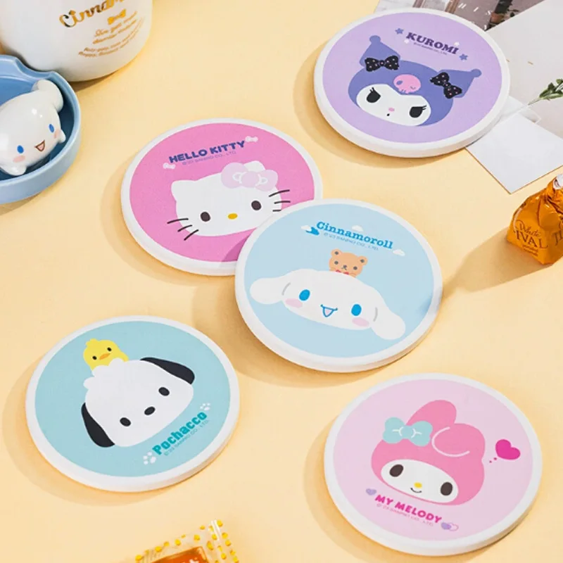 

Sanrio Ceramic Coasters Cartoon Hellokitty Pochacco Kuromi Water-Absorbing Cushion Water Cup Insulated Non-Slip Wooden Cushion