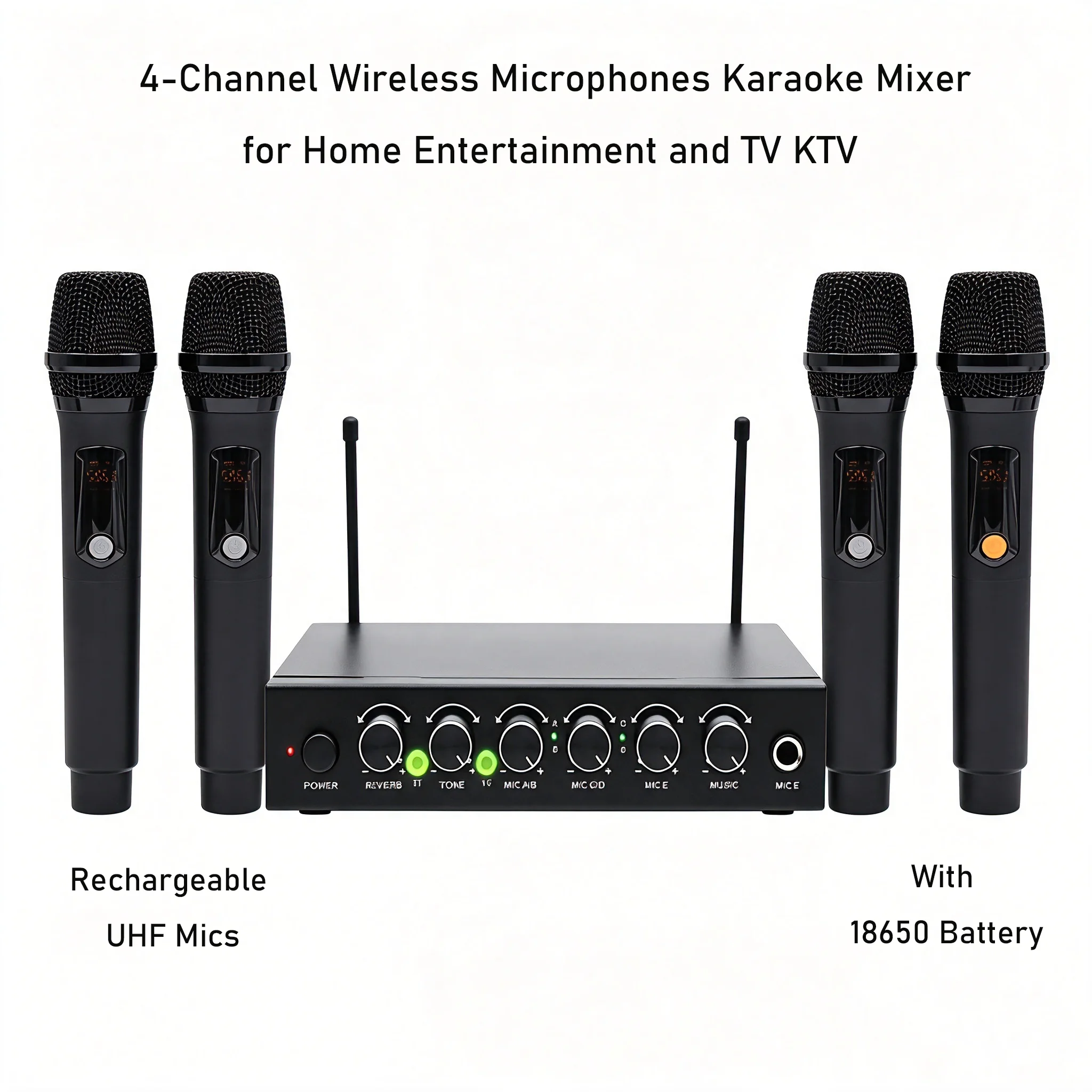 4-channel audio mixer with reverb and tone control Rechargeable Wireless Mics All-in-one karaoke mixing Multi-Device Compatible