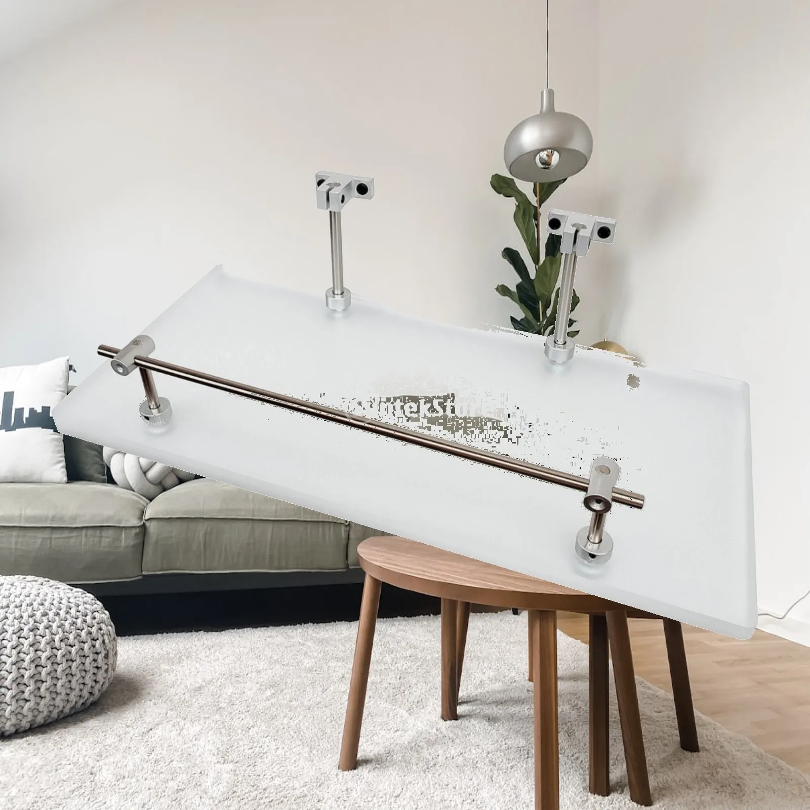Single Tier Acrylic Wall Shelf with Metal Support for Organizing Books and Toiletries in Bathroom