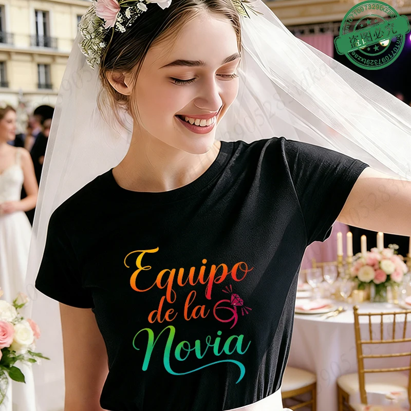 Spanish Girls Team Bride Tribe T-Shirts Colorful Diamond Ring Graphic Wedding Tops, Short Sleeve Tees for Bachelorette Hen Party
