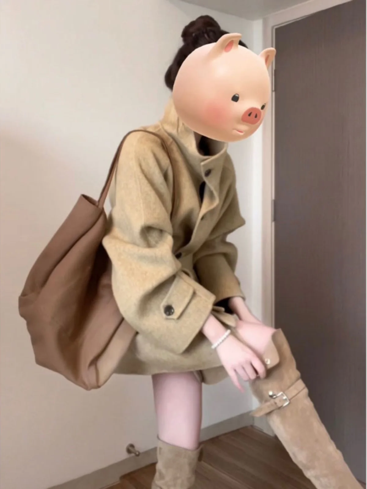 

Korean Style Double-Faced Woolen Jacket Khaki Color Mid-Length Fashionable Beautiful Coat Spring Season Women's Outerwear
