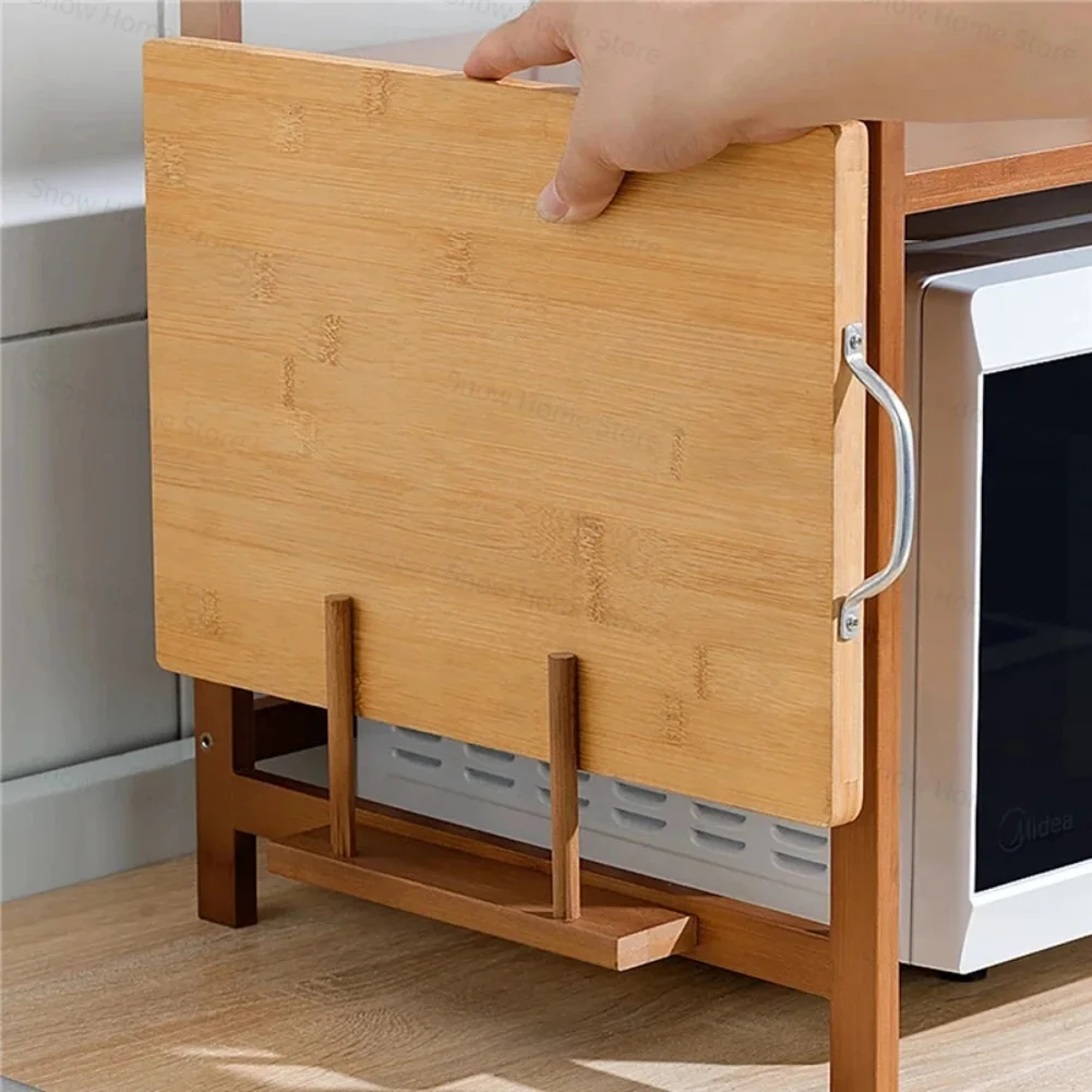 New Kitchen Countertops Storage Shelf Multi-Layer Bamboo Adjustable Microwave Oven Shelf with Hanging Hook Chopping Board Holder