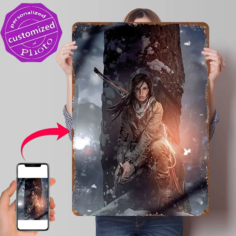 Figura de acción de Lara Croft, póster metálico 3D texturizado personalizado, cartel de hojalata para decoración de habitaciones, decoración para el hogar y la sala de juegos.