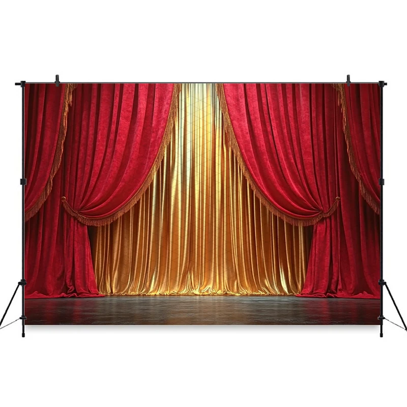 Mocsick Red Gold Stage Curtains Photography Backdrop Christmas Velvet Theatre Drapes Glossy Floor Performance Photo Backgrounds